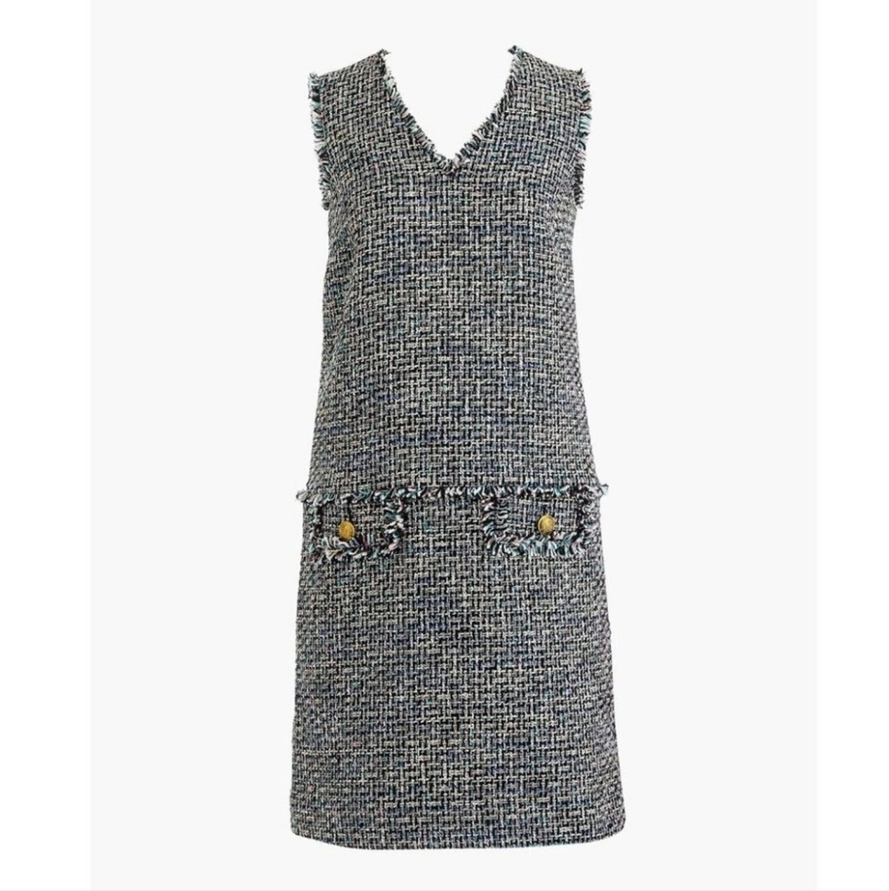 J Crew Dress Tweed V Neck Fringe Sheath Rainbow Metallic Black Career Colorful 8